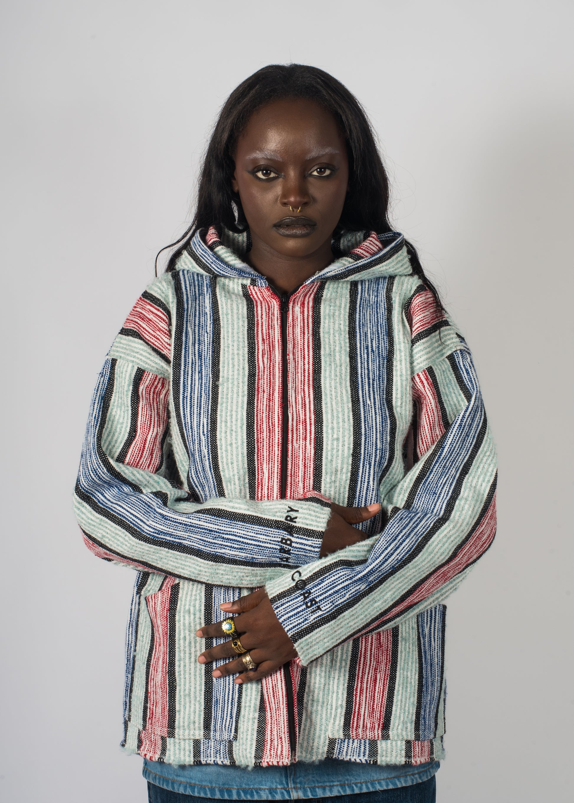 Veste à rayure bleu et rouge tissé à la main brodé Barbary Coast