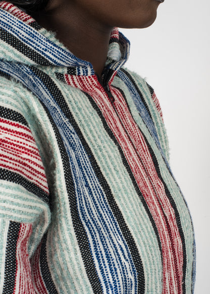 Zoom sur la veste à rayure bleu et rouge tissé à la main brodé Barbary Coast