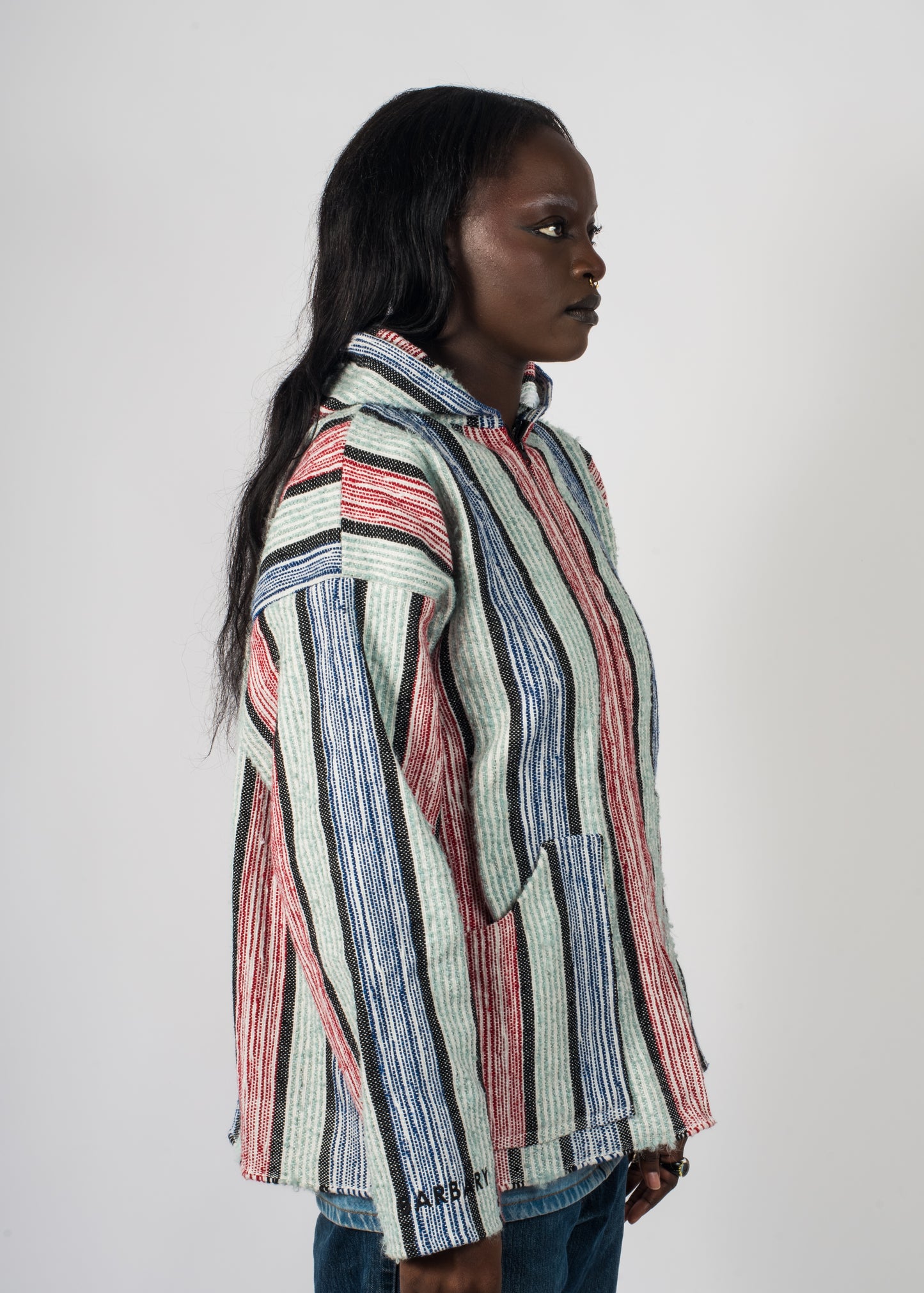 Veste à rayure bleu et rouge tissé à la main brodé Barbary Coast