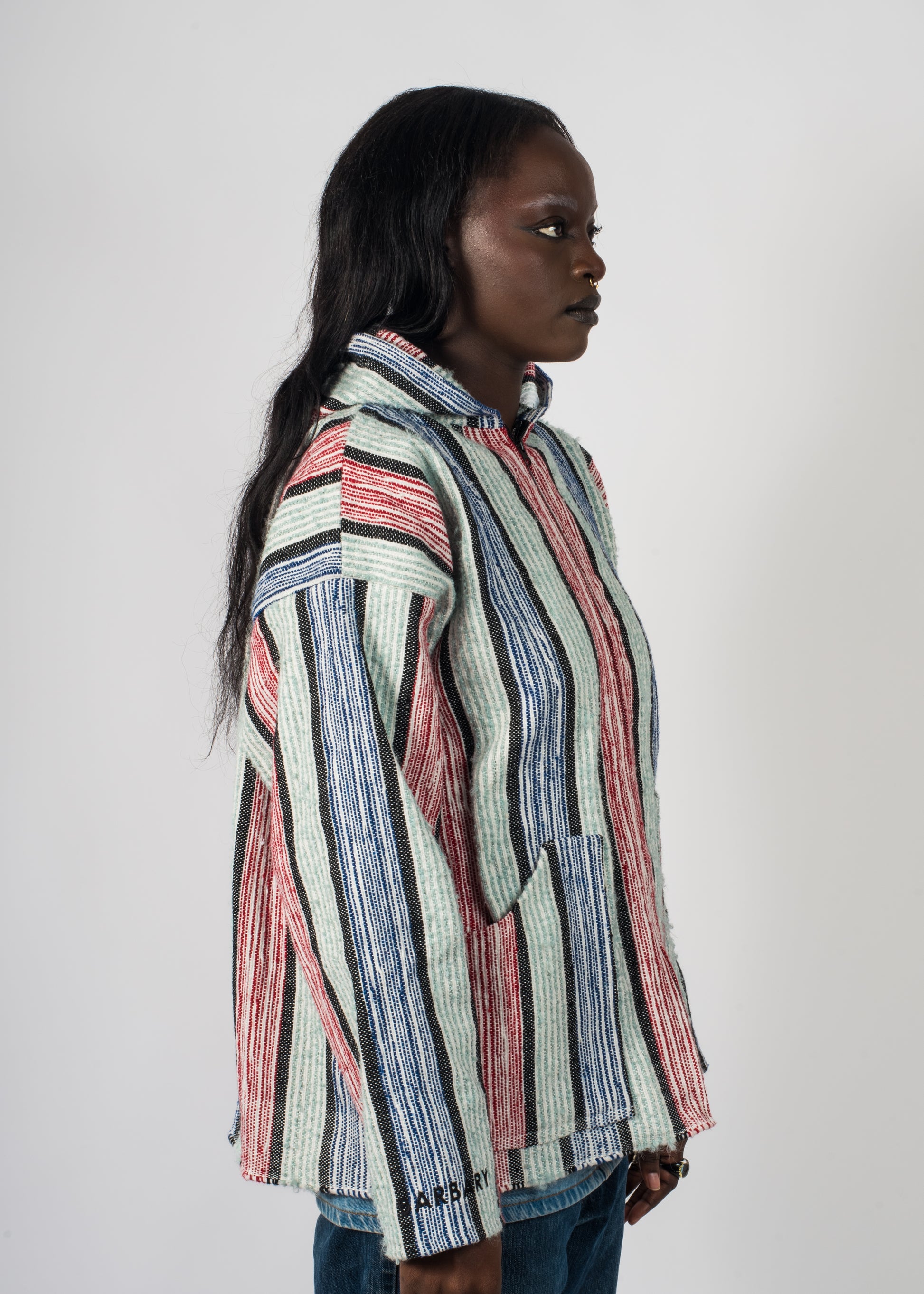 Veste à rayure bleu et rouge tissé à la main brodé Barbary Coast