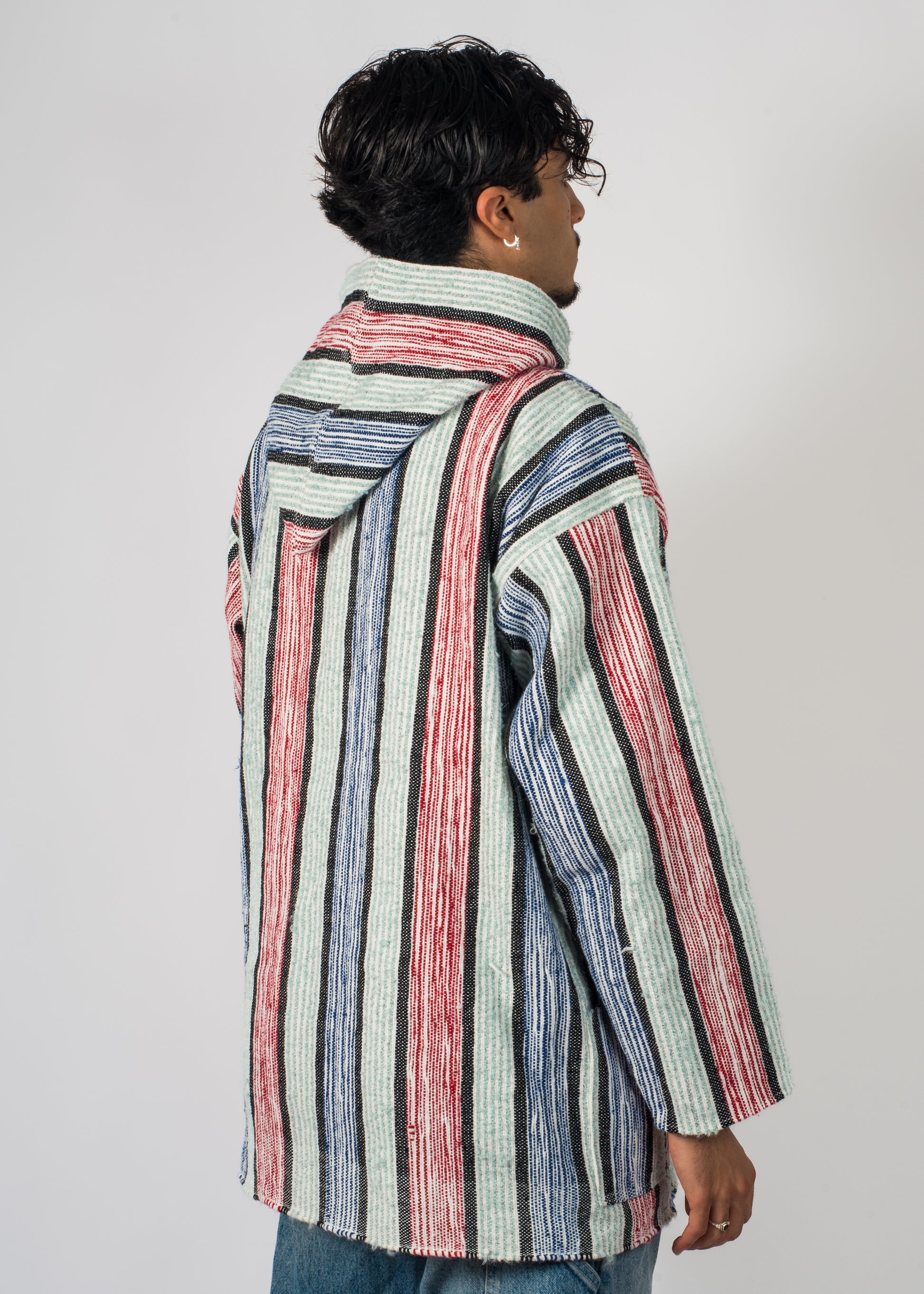 Veste longue à rayure bleu et rouge tissé à la main brodé Barbary Coast
